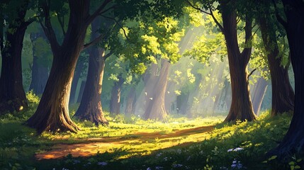 Wall Mural - A serene forest scene depicting tall, leafy trees bathed in soft golden sunlight filtering through the canopy. The lush green foliage surrounds a winding dirt path leading deeper into the woods, with 