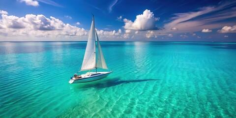 Wall Mural - Elegant sailboat glides smoothly through crystal-clear turquoise waters, with a white sail billowing in the gentle ocean breeze , ocean