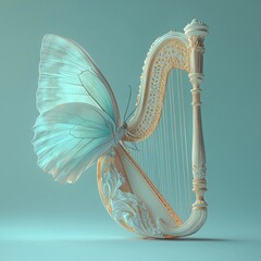 Aufkleber - delicate butterfly interacts small golden harp skillfully plucking its strings against serene gradient background. minimalist design emphasizes elegance and calm.