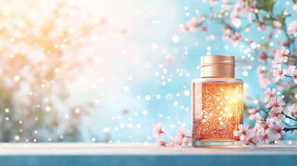 Wall Mural - springtime glow: a sparkling golden jar with a soft, warm glow, nestled amidst delicate pink cherry 
