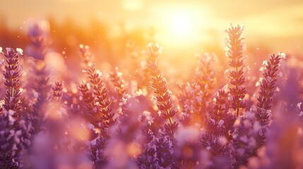Wall Mural - A vibrant lavender field bathed in warm golden sunlight during a serene sunset. The foreground is filled with tall lavender plants, their purple blooms contrasting beautifully with the soft, glowing l
