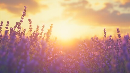 Wall Mural - A serene landscape of blooming lavender fields under a warm sunset sky. The vibrant purple lavender flowers stretch toward the horizon, while the golden hues of the sun and clouds create a tranquil at