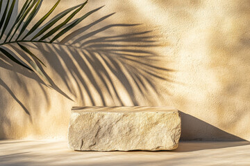 Poster - A minimalist composition featuring a stone on a textured wall with palm shadows.