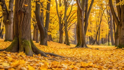 Wall Mural - Muted yellow leaves scatter on a soft earthy ground amidst autumn foliage, with tree trunks and branches forming an abstract composition, nature abstract, seasonal change