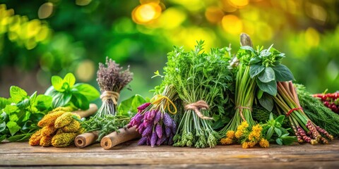 Wall Mural - A bundle of colorful herbs with a natural background and clean clipping path, plant selection, organic