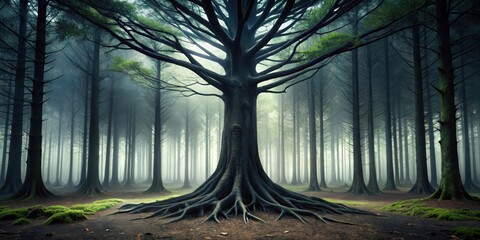 Wall Mural - Dark forest landscape with a massive black wood tree as the main feature , dark, outdoors