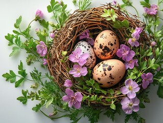 A decorative nest containing speckled eggs surrounded by flowers, symbolizing nature and new beginnings.