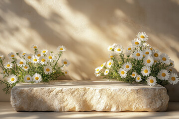 Wall Mural - A serene display featuring daisies on a stone surface, evoking tranquility and nature.