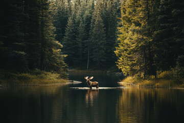 Wall Mural - A serene moose stands in a tranquil lake surrounded by lush forest.