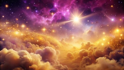 Wall Mural - Glowing nebula with golden twinkle background and swirling purple clouds , pink, dreamy,  pink, dreamy, nebula
