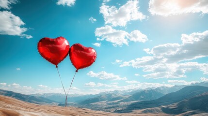 Heartshaped balloons floating in a blue sky with fluffy clouds leaving space for text copy space joyful theme whimsical overlay mountain valley backdrop