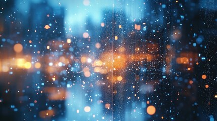 Poster - Abstract background of sparkling blue and orange lights creating a dreamy atmosphere on a rainy night with blurred shapes and bokeh effect in the background