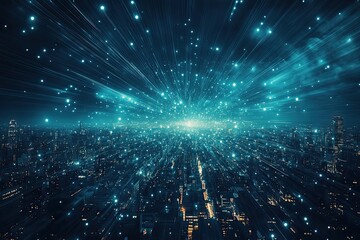 Poster - Digital Data Streams Exploding Over Cityscape At Night