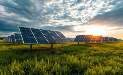 A solar panel array is sitting in a field of grass innovative solar panel innovation power electricity energy technology panel renewable