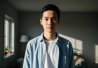 Wall Mural - Casual young man in sunlit living room with calm expression