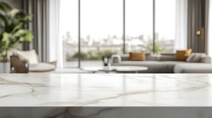 Wall Mural - features a spacious marble counter with a marble table in foreground and a blurred living room in background, providing ample copy space