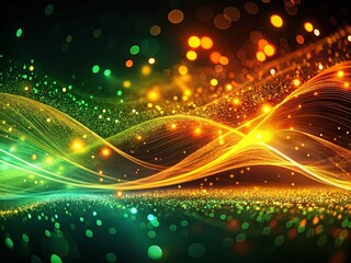 Wall Mural - Abstract Digital Art: Vibrant Green Orange Yellow Luminous Particle Waves on Dark Background - Futuristic Wallpaper