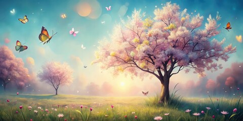 Wall Mural - Unusual abstract tree with blossoms and butterflies in a dreamy landscape , albero, fiori, albero, fiori, astratto