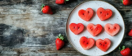 Slices of watermelon and strawberries cut into heart shapes arranged on a white plate leaving space for text close up fresh theme whimsical overlay picnic table backdrop