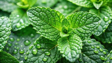 Wall Mural - Fresh mint leaves with water droplets on their surface , fresh mint, herbal,  fresh mint, herbal