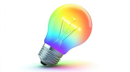 Poster - Colorful LED light bulb glowing with vibrant rainbow hues illuminating a bright white background, symbolizing creativity, innovation, and energy efficiency in modern design.