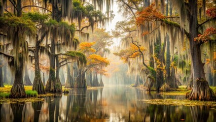 Wall Mural - Overgrown cypress trees stretch towards the misty veil shrouding a dimly lit swamp in autumn, surrounded by Spanish moss and twisted vines , overgrowth, spanish moss