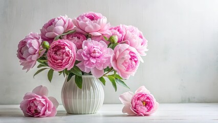 Wall Mural - Beautifully arranged pink peony flowers in a elegant vase, set against a soft white background, elegant centerpiece, vase arrangement