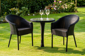 Cozy outdoor setup with two black woven chairs and a glass table in a lush green garden, perfect for enjoying drinks in a tranquil atmosphere