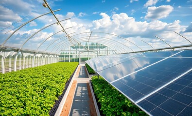 solar panels, greenhouse, lettuce crops, renewable energy, sustainable agriculture, futuristic farmi