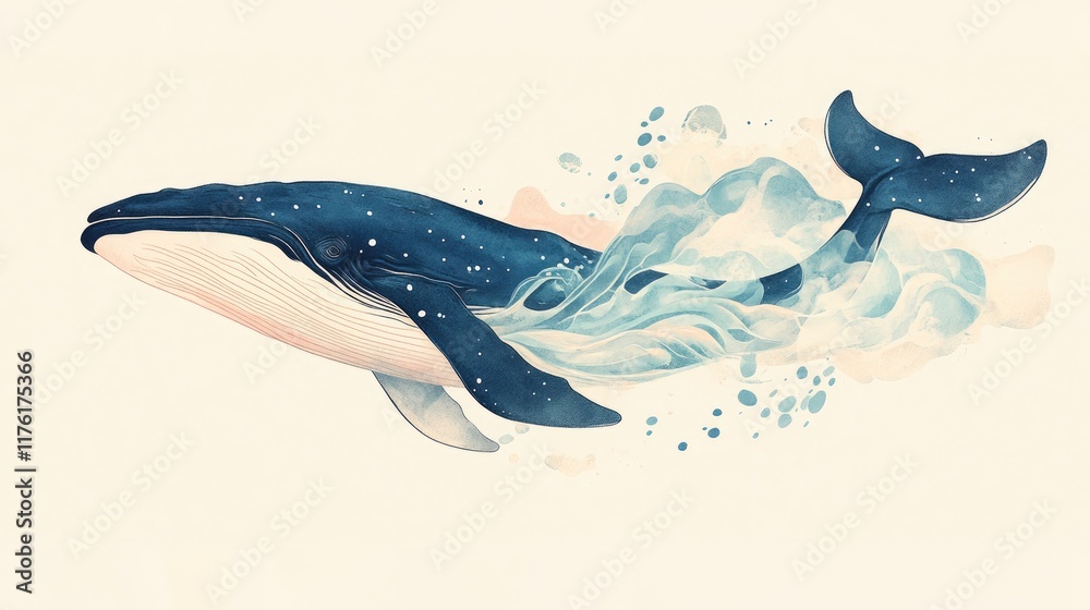 Watercolor illustration of a humpback whale swimming, surrounded by ...