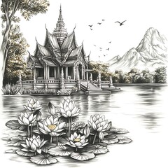 Wall Mural - Monochromatic Ink Drawing of a Serene Temple by a Lotus Pond, Set Against a Mountainous Landscape.