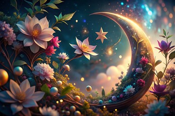 Wall Mural - Botanical Crescent Moon & Stars: Dreamy Night Sky Bokeh Photography