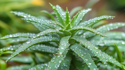 Wall Mural - Aloe vera leaves coated in fresh droplets, thriving in a garden following a gentle rain shower, showcasing their vibrant green color