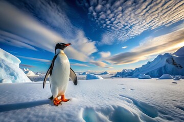 Poster - Curious Penguin Exploring Pristine Antarctic Snowscape - High-Resolution Stock Photo