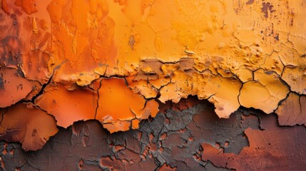Poster - Textured layers of orange paint create a captivating abstract display, showcasing cracks and imperfections on a weathered surface