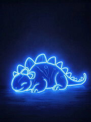 Wall Mural - A cute, blue, glowing neon light drawing of an adorable stegosaurus  set against a black background, with a cool, pastel aesthetic.Minimal creative fashion concept.