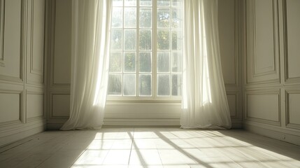 Poster - Bright and Airy Interior of a Sunlit Room with Sheer Curtains Hanging by a Window, Casting Soft Shadows on the Floor and Enhancing the Serene Ambiance