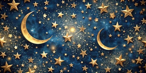 Wall Mural - a celestial tapestry of golden stars and crescent moons against a deep blue night sky