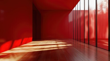 Poster - Contemporary Design with Bold Red Walls and Floor-to-Ceiling Windows Capturing Natural Light in a Modern Interior Space