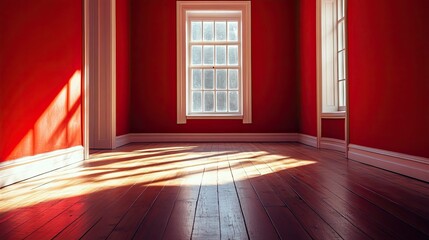Poster - Bright Red Room with Natural Light Streaming Through Windows, Showcasing Gleaming Wooden Floors and a Minimalist Interior Aesthetic Ideal for Design Projects