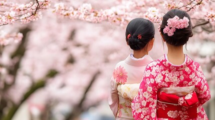 Two girls in kimonos admire cherry blossoms