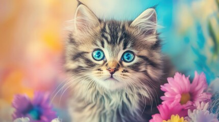  A playful cat with striking blue eyes explores a colorful underwater garden filled with flowers, creating a whimsical and enchanting atmosphere