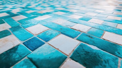 Poster - Geometric shapes in various shades of blue form an intricate pattern on a tiled surface, creating a vibrant and dynamic visual effect