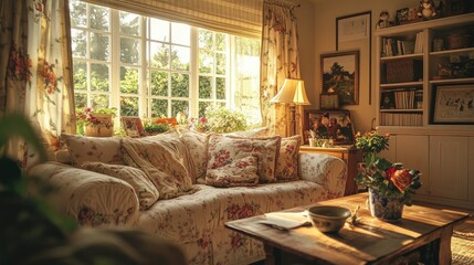 Poster - Cozy Living Room with Floral Sofa Surrounded by Sunlit Windows and Lush Greenery, Perfect for Relaxation and Comfort in a Tranquil Home Setting