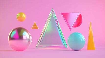 Poster - Colorful geometric shapes in various transparencies pop against a soft pink background, adding a playful vibe