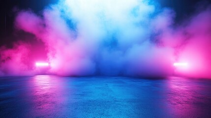 Poster - Vibrant Neon Foggy Background with Blue and Pink Light Effects for Creative and Artistic Visuals in Photography and Digital Design Projects