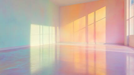 Poster - Bright and Colorful Minimalist Interior with Soft Pastel Walls and Sunlight Reflection Highlighting the Space