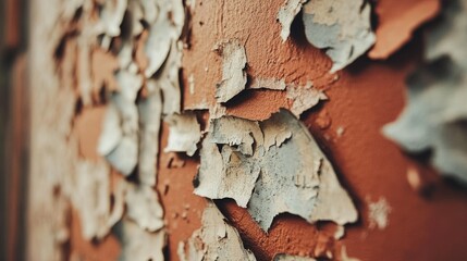 Poster - Close-Up of Flaking Paint on a Weathered Wall, Highlighting Textures and Patterns in Vibrant Colors, Perfect for Backgrounds or Artistic Projects