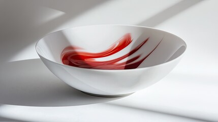 Poster - Elegant White Bowl with Red Swirl Design Captured in Soft Light, Perfect for Table Settings, Modern Decor, Artistic Interiors, and Culinary Presentations