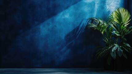 Poster - Lush Green Plant Against Deep Blue Wall with Artistic Shadows and Textures, Perfect for Interior Design, Nature Inspired Spaces, and Relaxing Ambiance